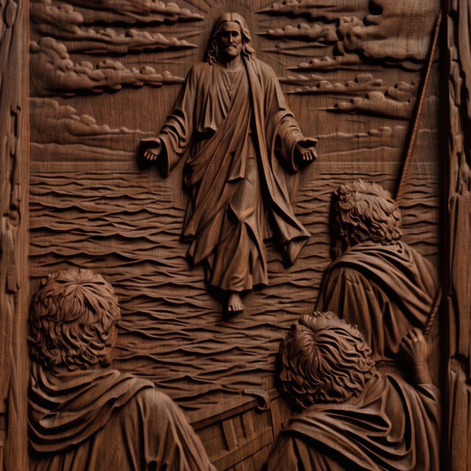 Jesus Christ Walks on the Sea Wooden Carved Handmade Christian Icon  Byzantine Greek Orthodox Home Art Decor Cretan Holy Carvings