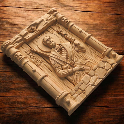 Saint Theodore Tyron Wooden Carved Handmade Christian Icon Flat Side Natural Wood Color Cretan Holy Carvings