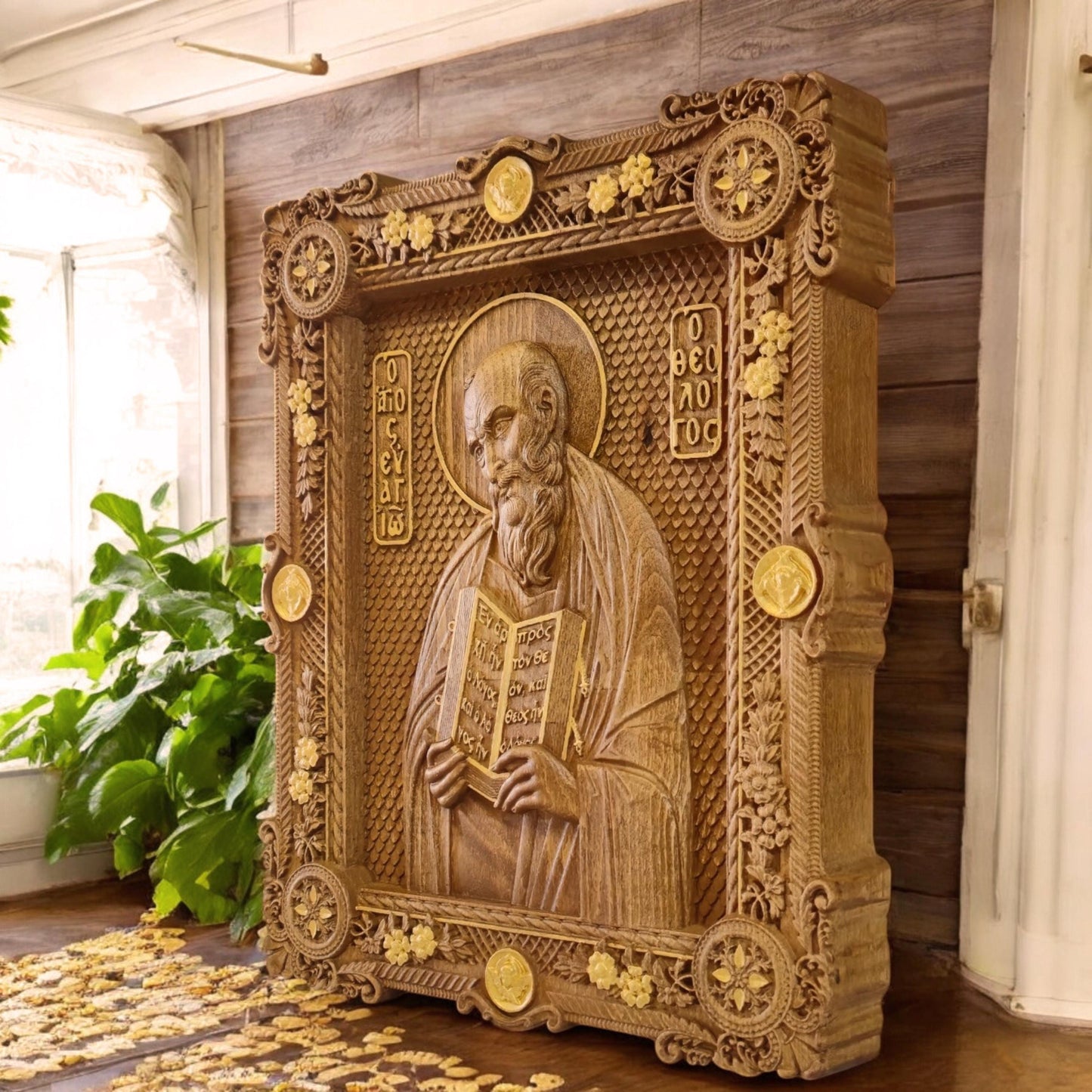 Saint John the Theologian Wooden Carved Handmade Christian Icon. Byzantine Greek Orthodox Home Art Decor.