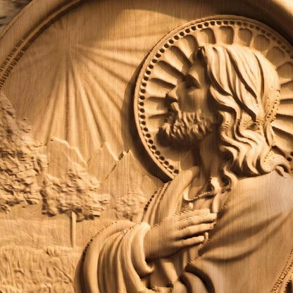 Jesus Christ Praying Plate Wooden Carved Handmade Christian Icon Front Side Natural Wood Color Cretan Holy Carvings