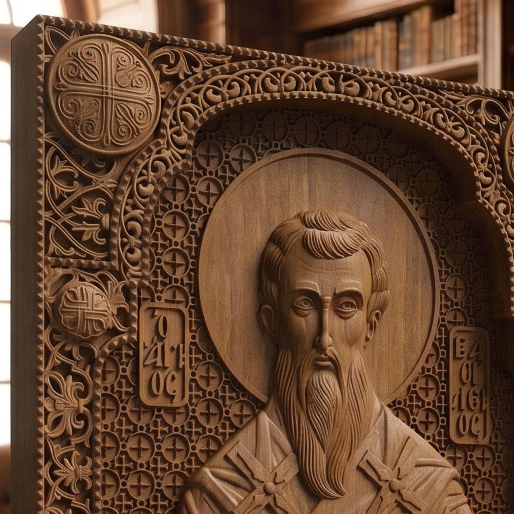 Saint Basil the Great Wooden Carved Handmade Christian Icon Patron Saint of the Poor Left Side Brown Oak Cretan Holy Carvings