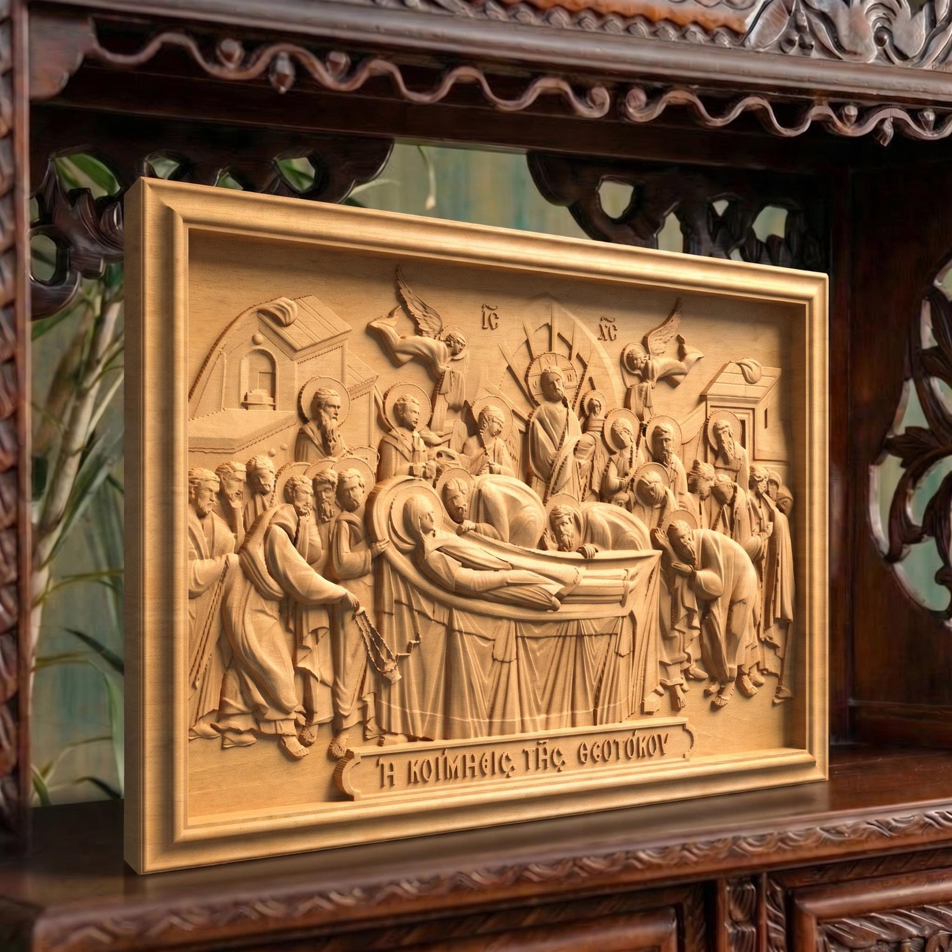 The Dormition of Mother of God Wooden Carved Handmade Christian Icon | Byzantine Greek Orthodox Home Art Decor