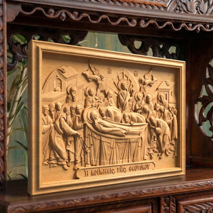 The Dormition of Mother of God Wooden Carved Handmade Christian Icon | Byzantine Greek Orthodox Home Art Decor