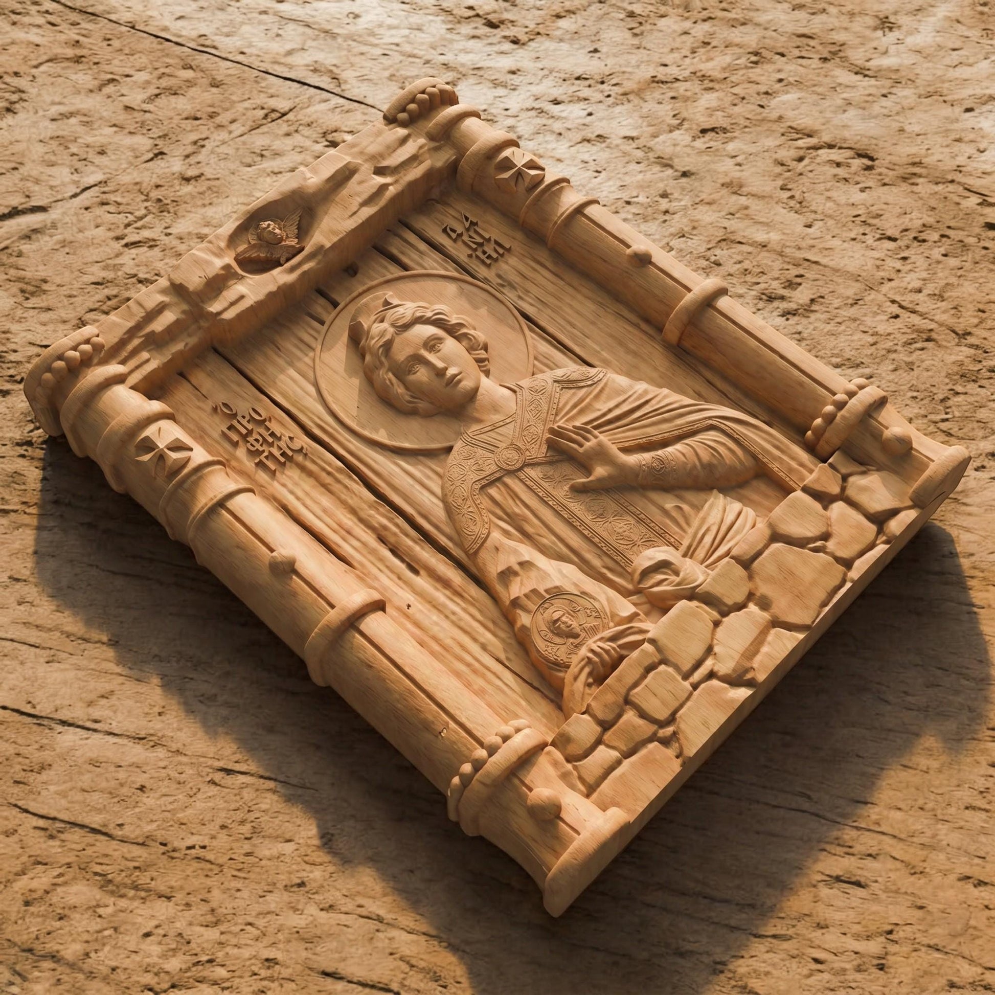 Prophet Daniel Wooden Carved Handmade Christian Icon Patron Saint of Courage, Fortitude, and Strength Flat Side Natural Wood Color Cretan Holy Carvings