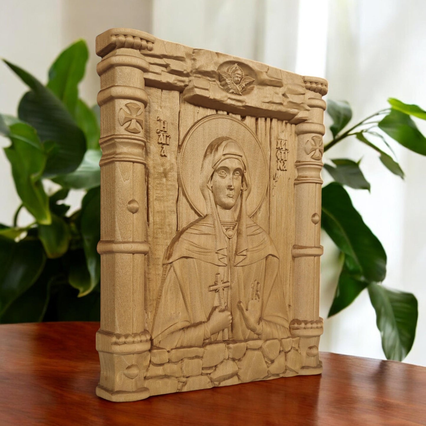 Saint Christina Wooden Carved Handmade Christian Icon. Byzantine Greek Orthodox Home Art Decor.
