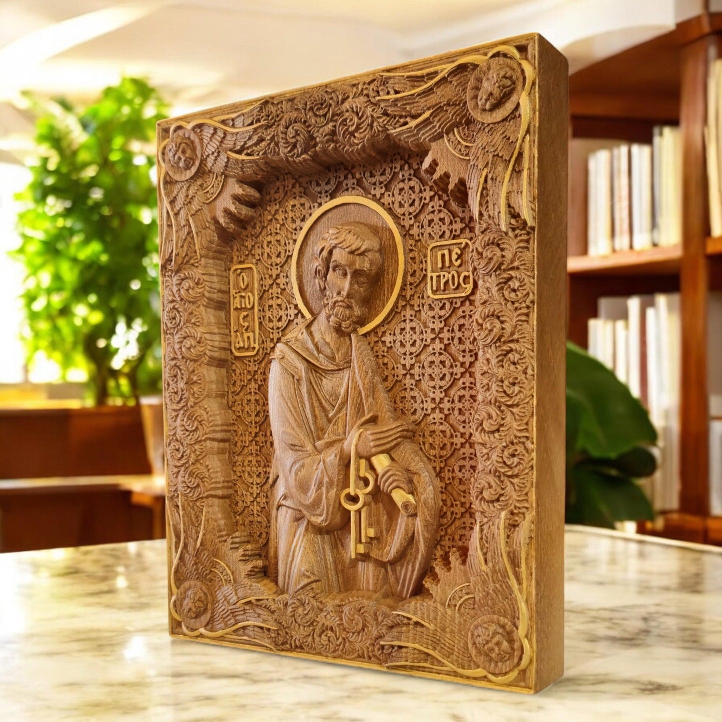 Saint Peter the Apostle Wooden Carved Handmade Christian Icon. Byzantine Greek Orthodox Home Art Decor.