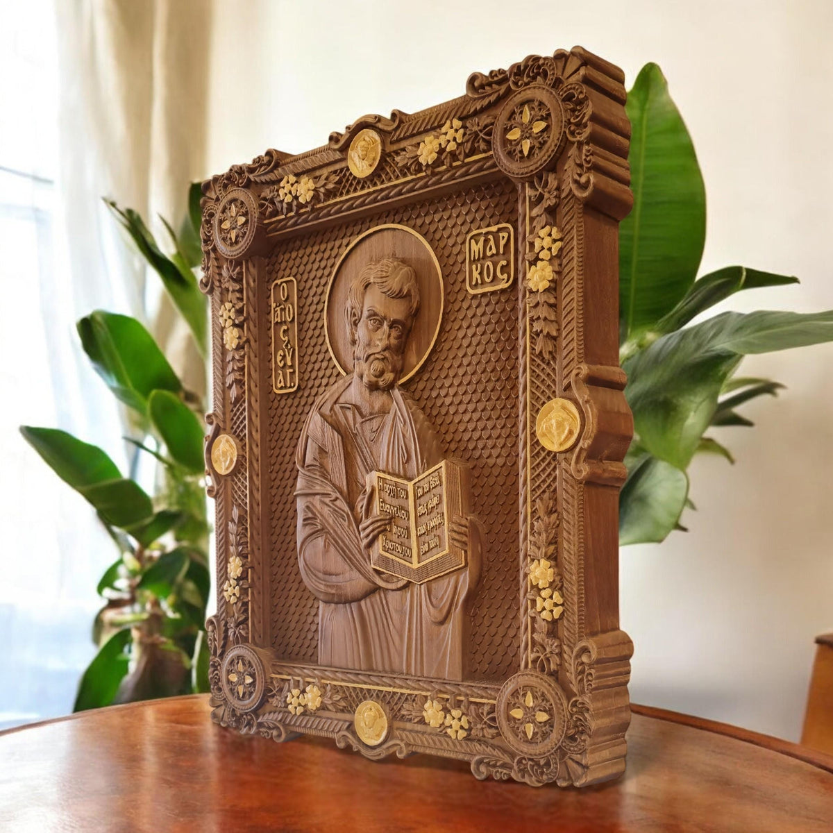 Mark the Evangelist Wooden Carved Handmade Christian Icon. Byzantine Greek Orthodox Home Art Decor.