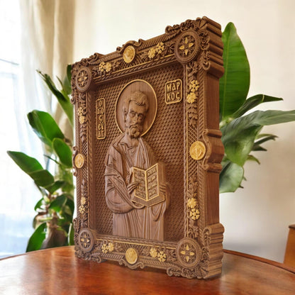 Mark the Evangelist Wooden Carved Handmade Christian Icon. Byzantine Greek Orthodox Home Art Decor.