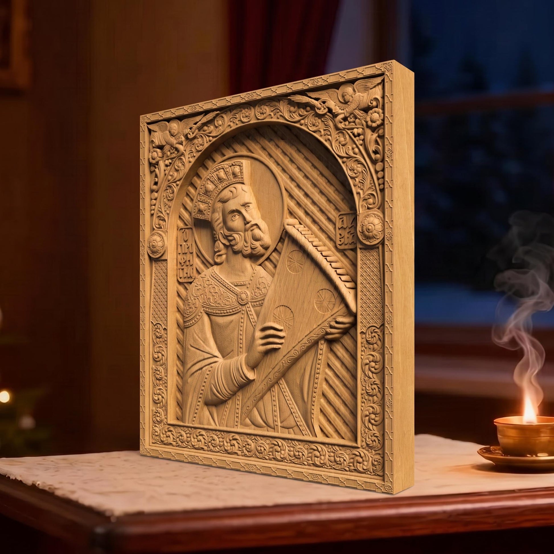 Prophet King David Wooden Carved Handmade Christian Icon | Byzantine Greek Orthodox Home Art Decor