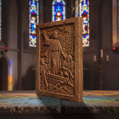 Jesus Christ Calms the Waters Wooden Carved Handmade Christian Icon  Byzantine Greek Orthodox Home Decor Cretan Holy Carvings