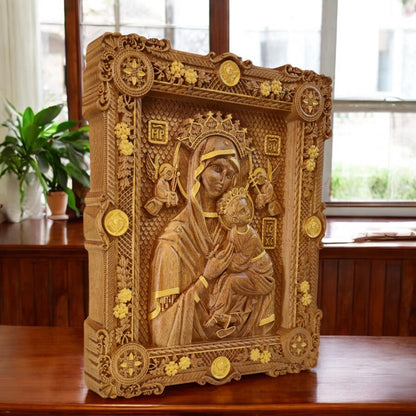 Virgin Mary of Perpetual Help Wooden Carved Handmade Christian Icon. Byzantine Greek Orthodox Decor.