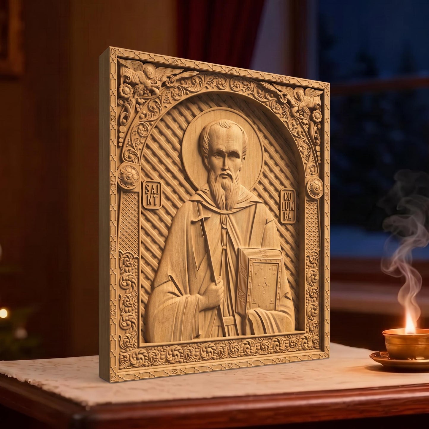 Saint Columba Wooden Carved Handmade Christian Icon | Byzantine Greek Orthodox Home Art Decor