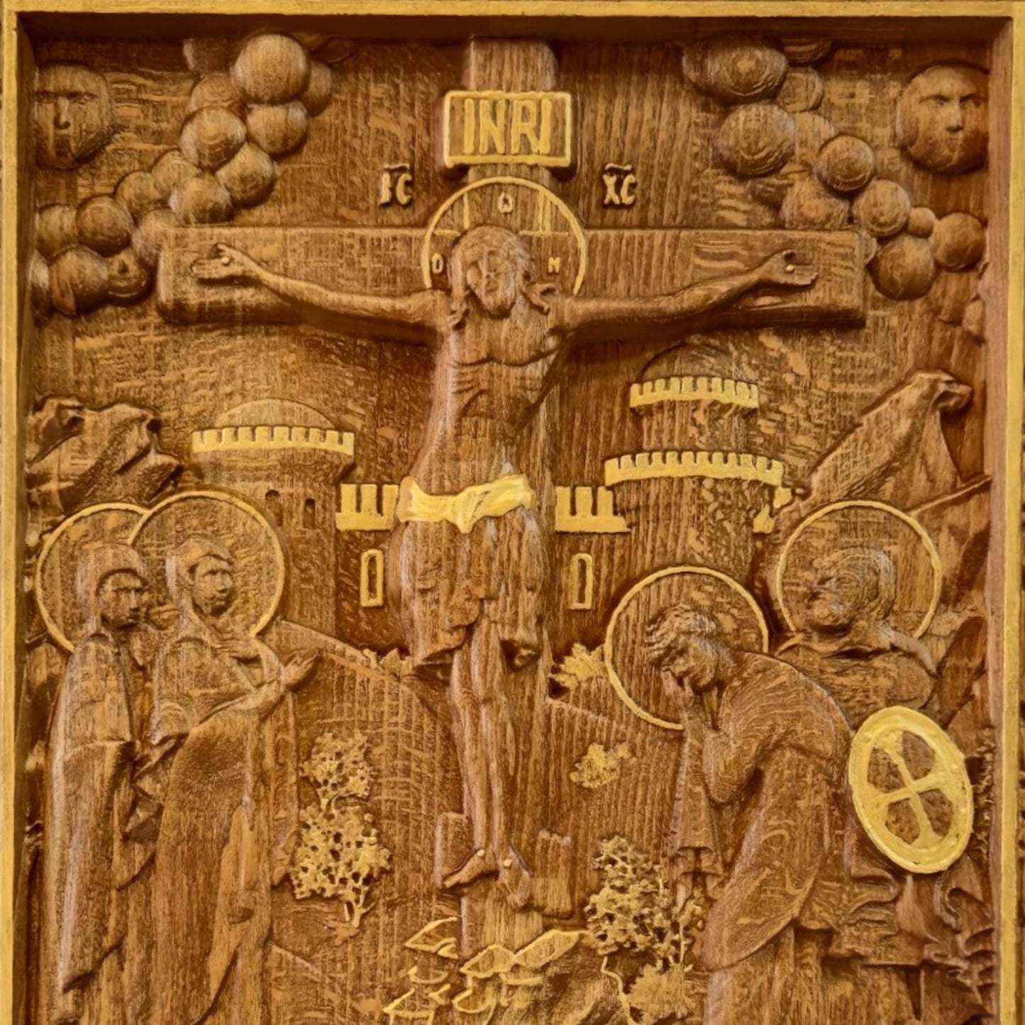 Crucifixion of Jesus Christ Wooden Carved Handmade Christian Icon. Byzantine Greek Orthodox Home Decor.