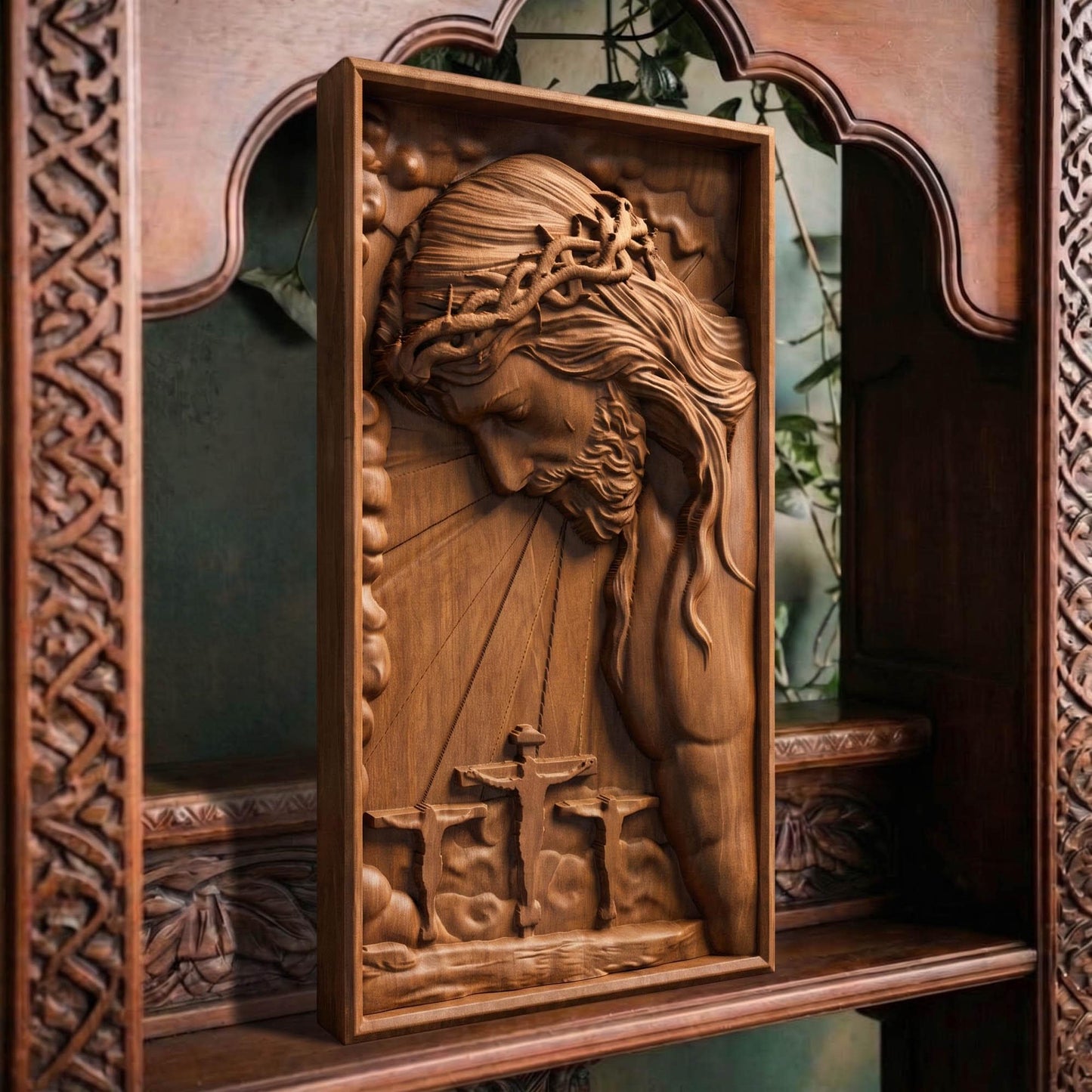 Jesus Christ on the Cross Along with the Two Thieves Wooden Carved Handmade Christian Icon  Byzantine Greek Orthodox Home Art Decor Cretan Holy Carvings