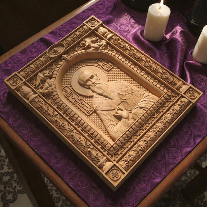 Saint Gregory of Nyssa Wooden Carved Handmade Christian Icon | Byzantine Greek Orthodox Home Art Decor