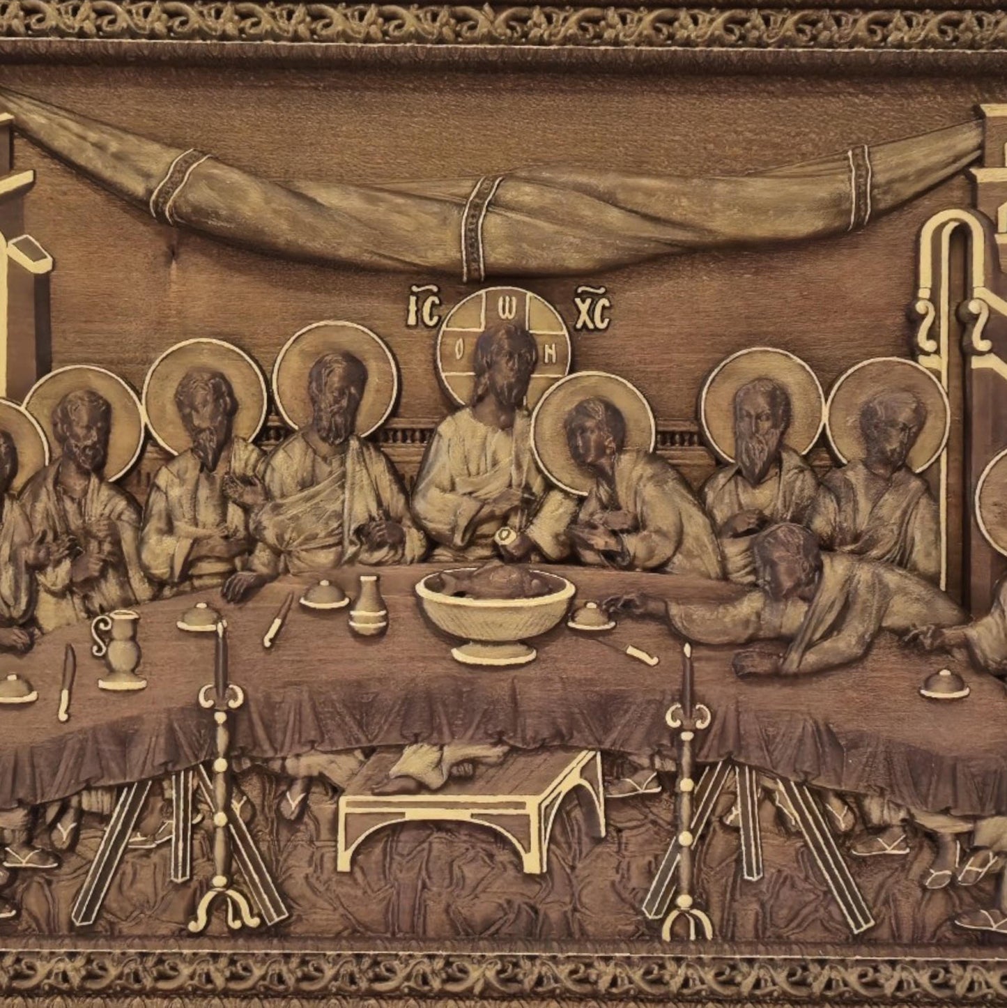 Last Supper Wooden Carved Handmade Christian Icon | Byzantine Greek Orthodox Home Art Decor