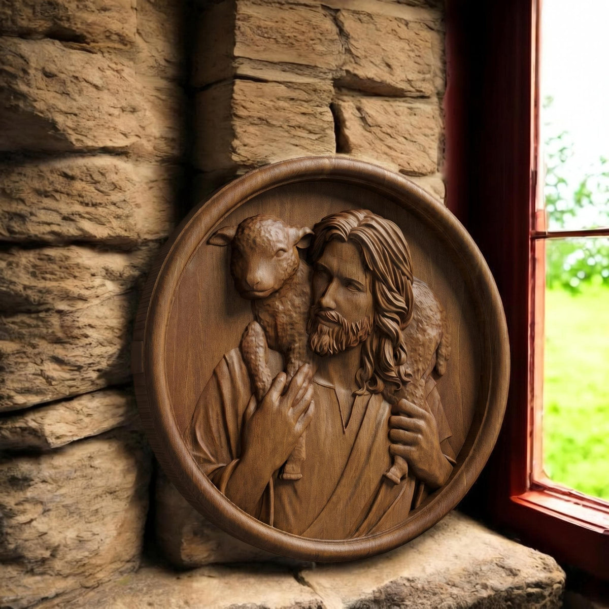 Jesus Christ Carrying Lamb Plate Wooden Carved Handmade Christian Icon Left Side Brown Oak Cretan Holy Carvings