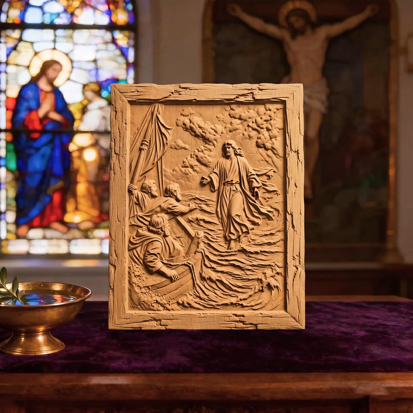 Jesus Christ Walks on Water Wooden Carved Handmade Christian Icon  Byzantine Greek Orthodox Home Decor Cretan Holy Carvings
