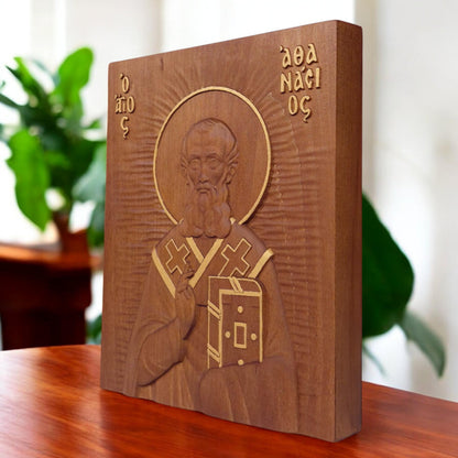 Saint Athanasius of Alexandria Wooden Carved Handmade Christian Icon. Byzantine Greek Orthodox Home Decor.