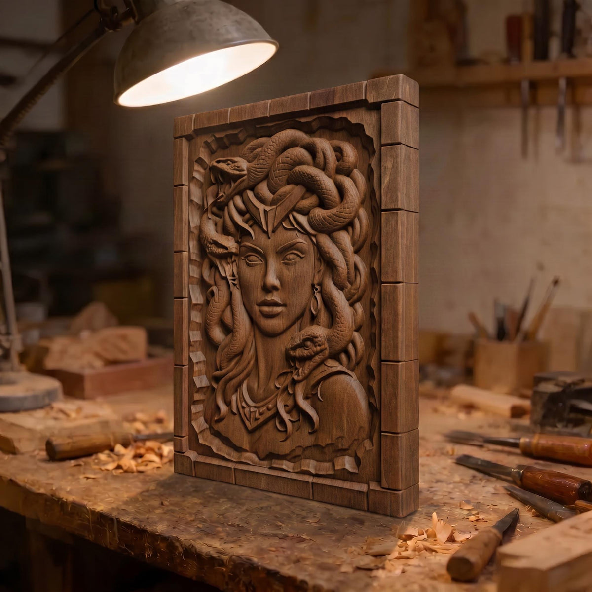 Beautiful Medusa from Ancient Greek Mythology 3D Wooden Bas Relief Panel Art Sculptural Gift Idea Cretan Holy Carvings