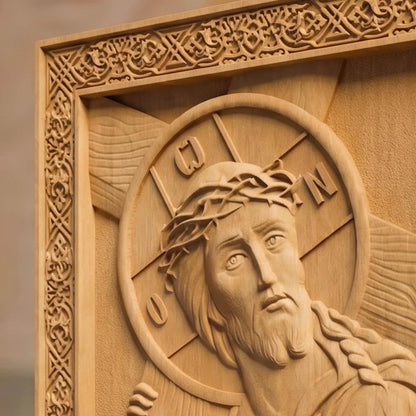 Jesus Christ Ascent to Golgotha Wooden Carved Handmade Christian Icon Right Side Natural Wood Color Cretan Holy Carvings