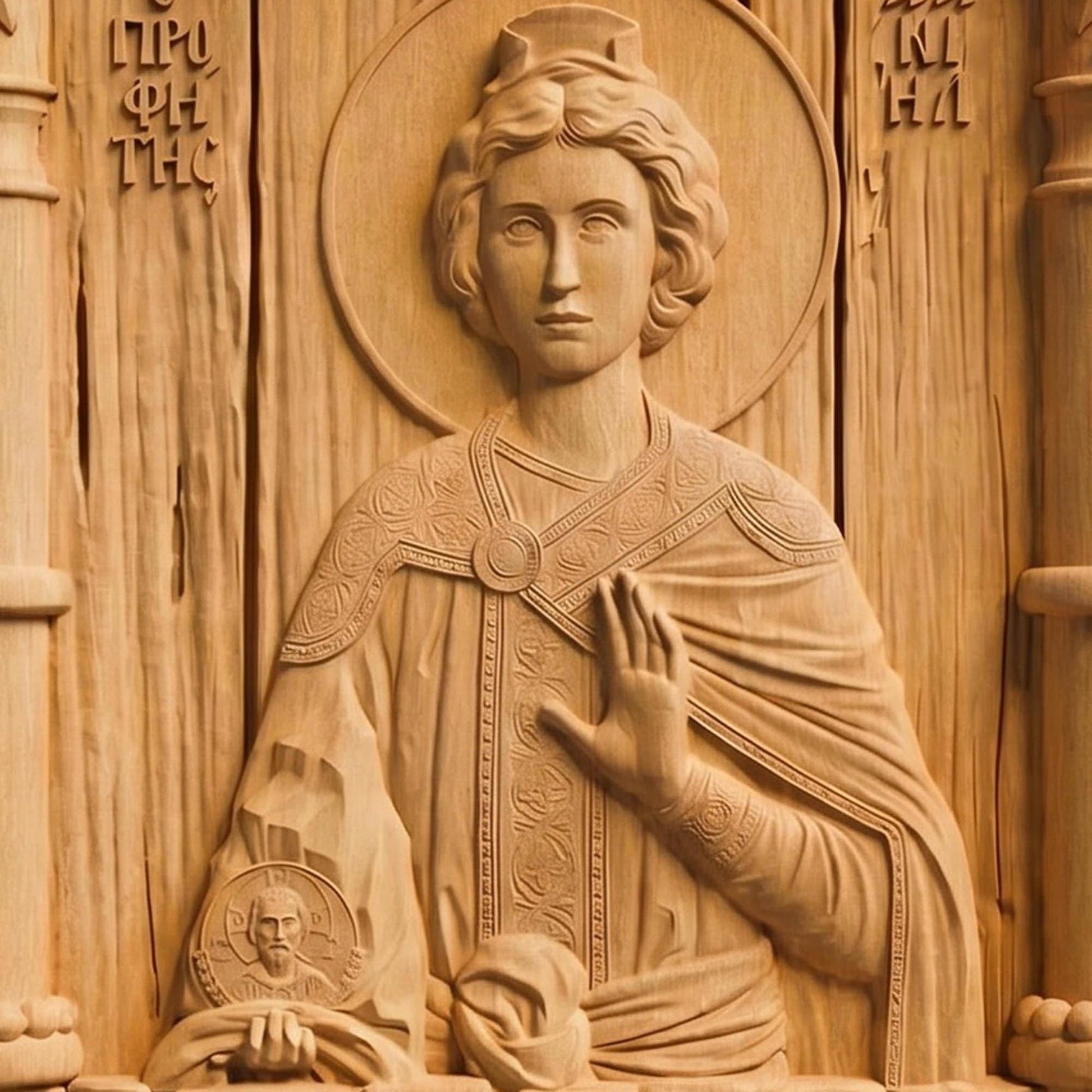 Prophet Daniel Wooden Carved Handmade Christian Icon Patron Saint of Courage, Fortitude, and Strength Left Front Natural Wood Color Cretan Holy Carvings