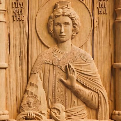Prophet Daniel Wooden Carved Handmade Christian Icon Patron Saint of Courage, Fortitude, and Strength Left Front Natural Wood Color Cretan Holy Carvings
