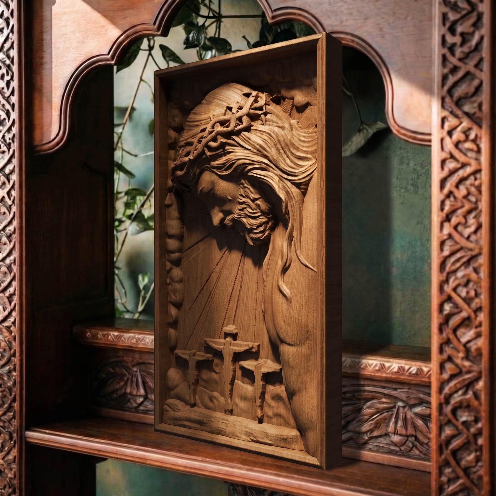 Jesus Christ on the Cross Along with the Two Thieves Wooden Carved Handmade Christian Icon  Byzantine Greek Orthodox Home Art Decor Cretan Holy Carvings