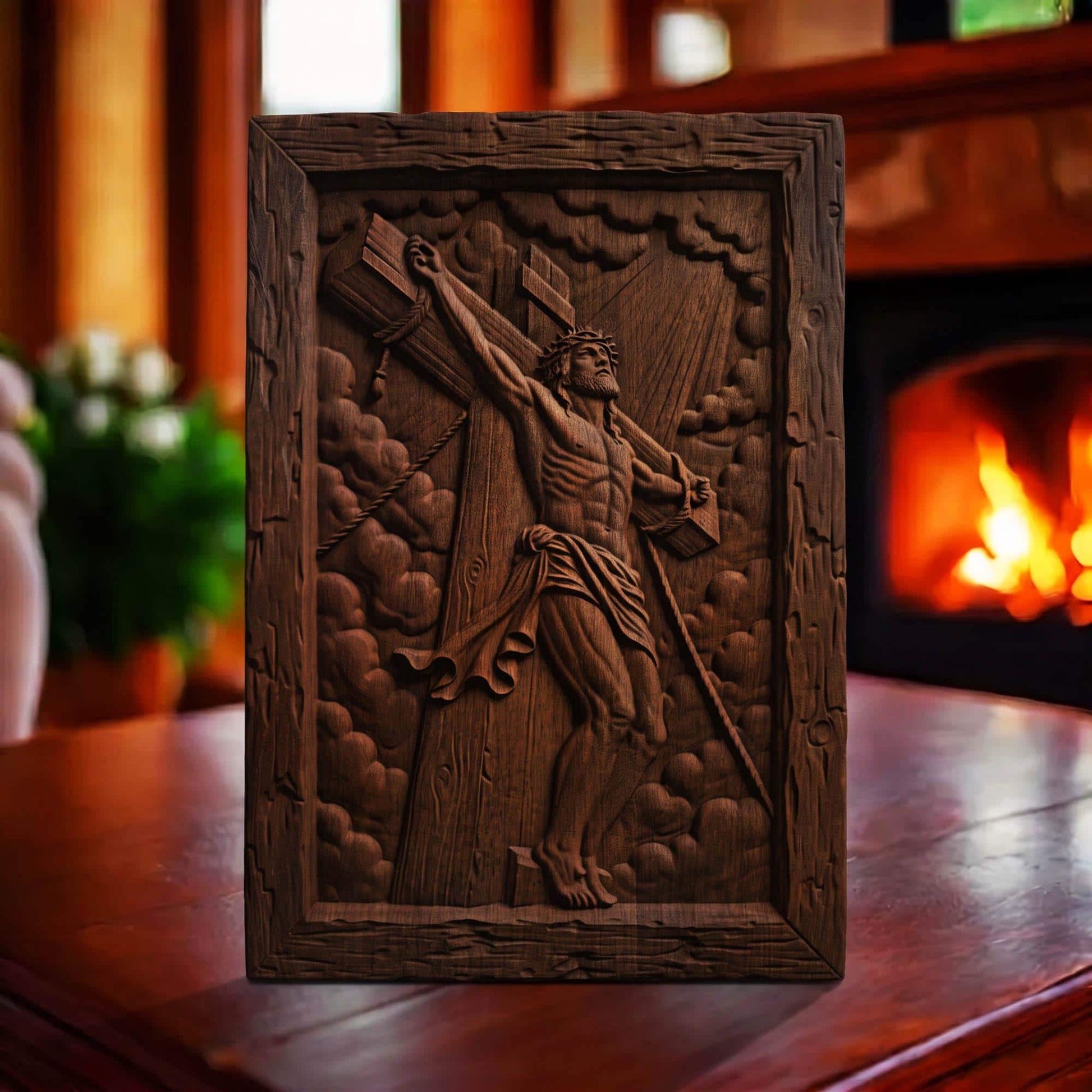 Jesus Crusifixion Wooden Carved Handmade Christian Icon  Byzantine Greek Orthodox Home Art Decor Cretan Holy Carvings
