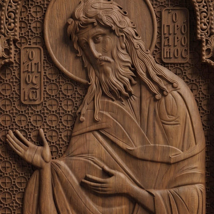 Saint John the Baptist Wooden Carved Handmade Christian Icon Patron Saint of Monastic Life Front Side Brown Oak Cretan Holy Carvings