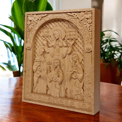 Saints Sophia Faith Hope Love Wooden Carved Handmade Christian Icon. Byzantine Greek Orthodox Decor.