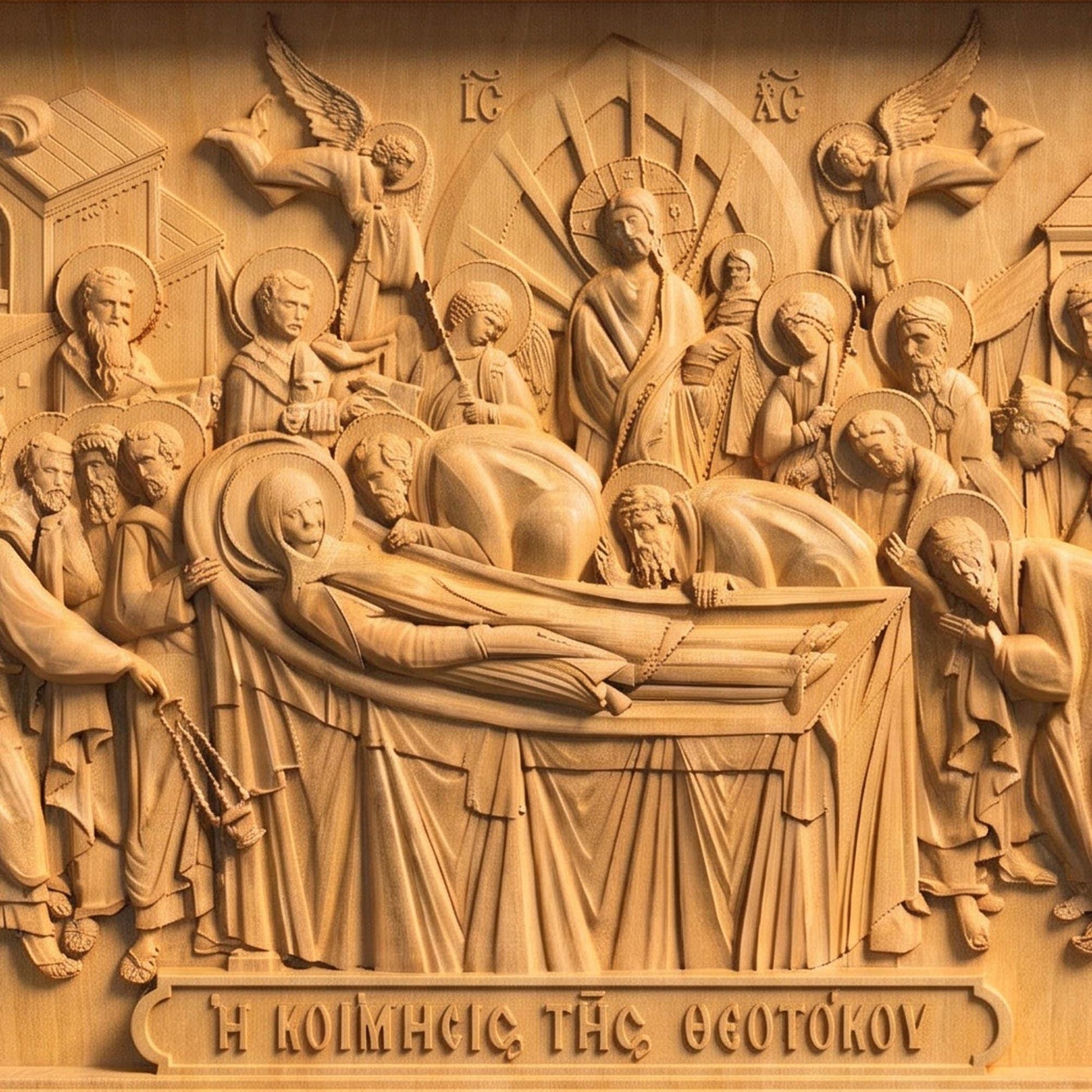 The Dormition of Mother of God Wooden Carved Handmade Christian Icon | Byzantine Greek Orthodox Home Art Decor