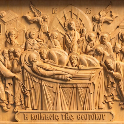 The Dormition of Mother of God Wooden Carved Handmade Christian Icon | Byzantine Greek Orthodox Home Art Decor