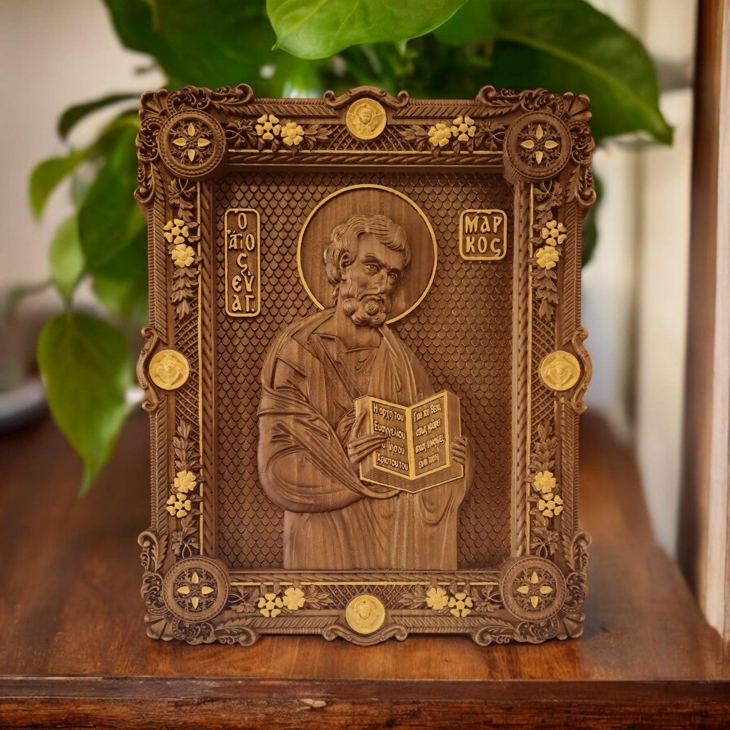 Mark the Evangelist Wooden Carved Handmade Christian Icon. Byzantine Greek Orthodox Home Art Decor.