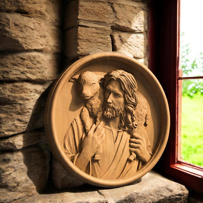 Jesus Christ Carrying Lamb Plate Wooden Carved Handmade Christian Icon Left Side Natural Wood Color Cretan Holy Carvings