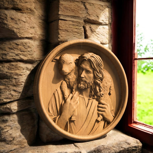 Jesus Christ Carrying Lamb Plate Wooden Carved Handmade Christian Icon Left Side Natural Wood Color Cretan Holy Carvings