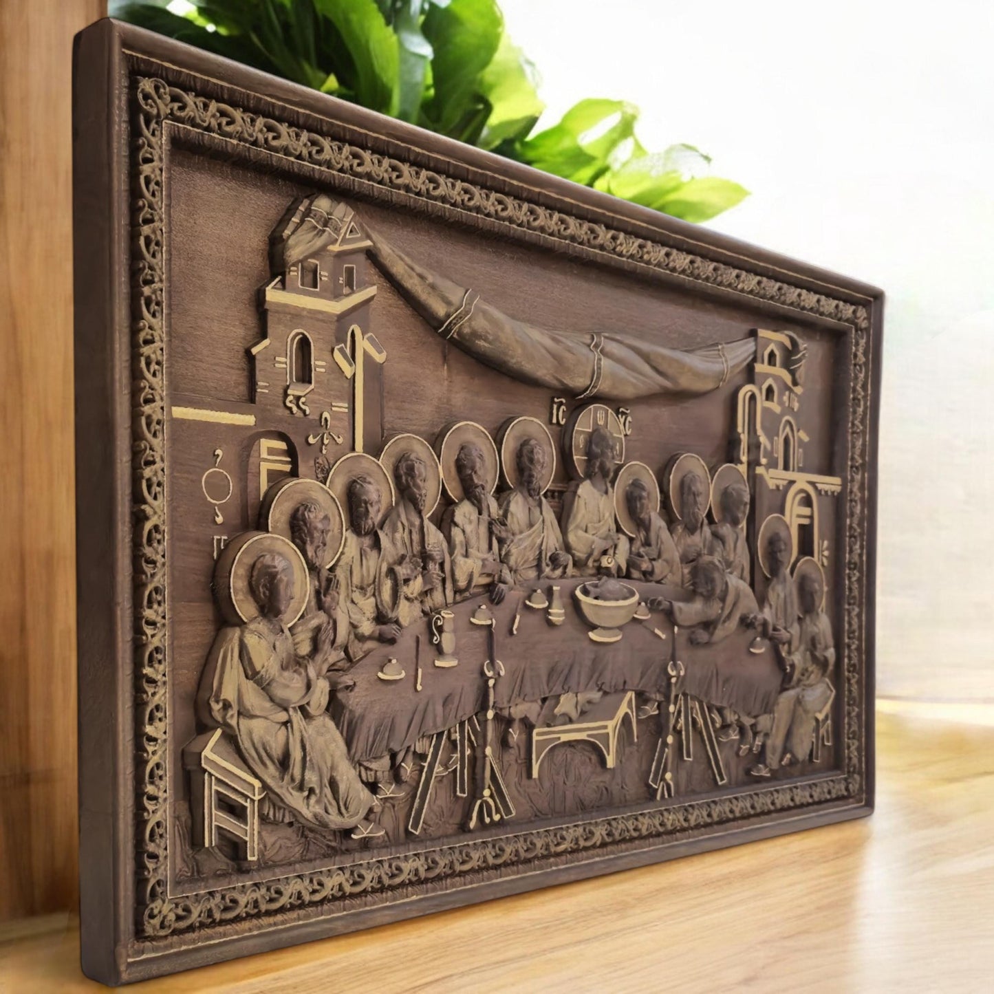 Last Supper Wooden Carved Handmade Christian Icon | Byzantine Greek Orthodox Home Art Decor
