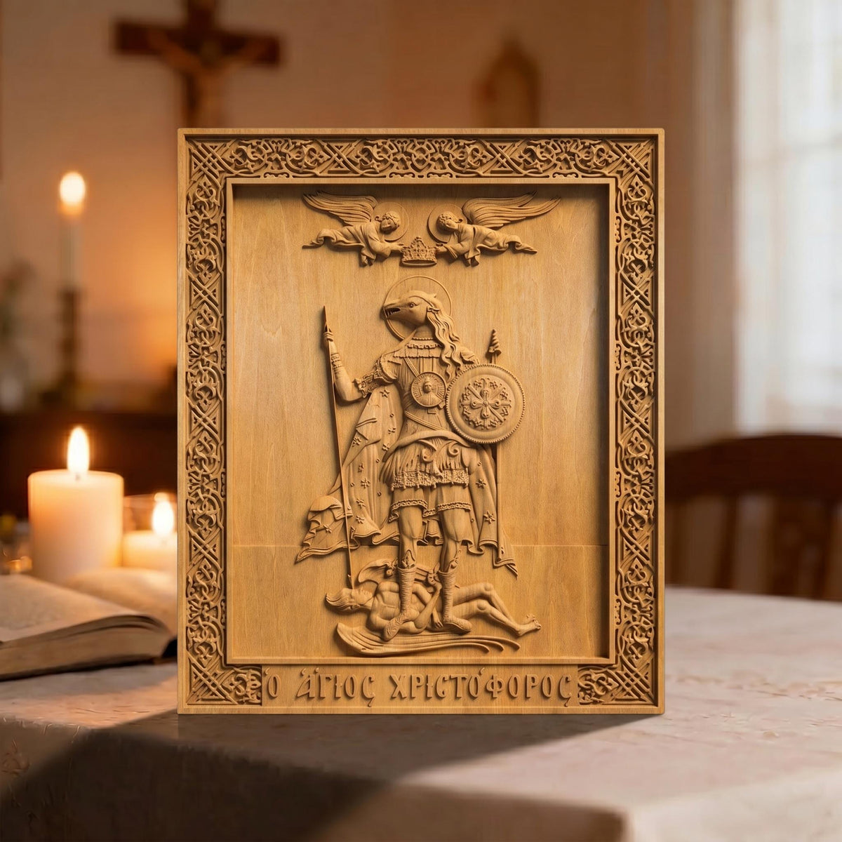 Saint Christopher the Dog Head Wooden Carved Handmade Christian Icon. Byzantine Greek Orthodox Home Decor.