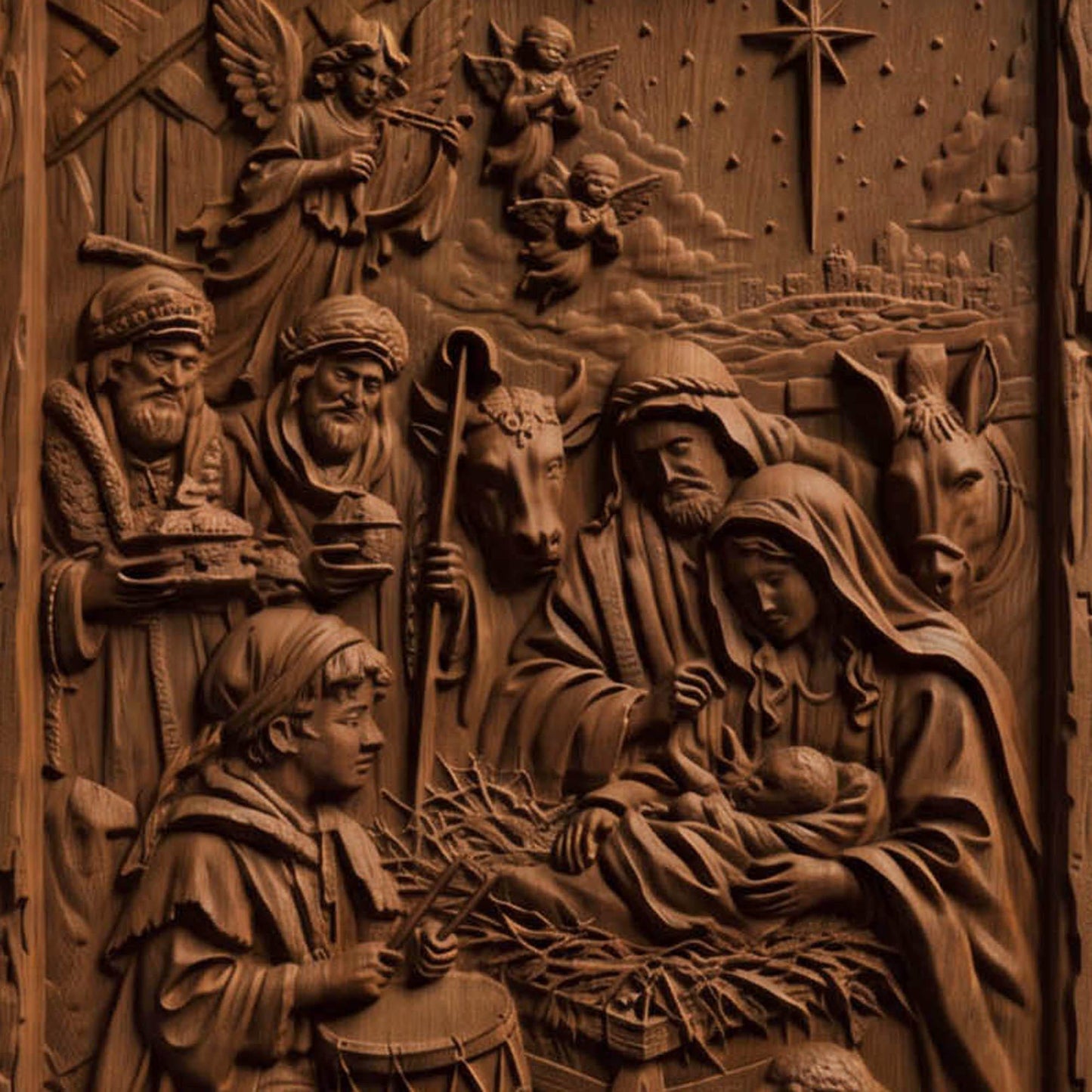 The Birth of Jesus Wooden Carved Handmade Christian Icon  Byzantine Greek Orthodox Home Decor Cretan Holy Carvings