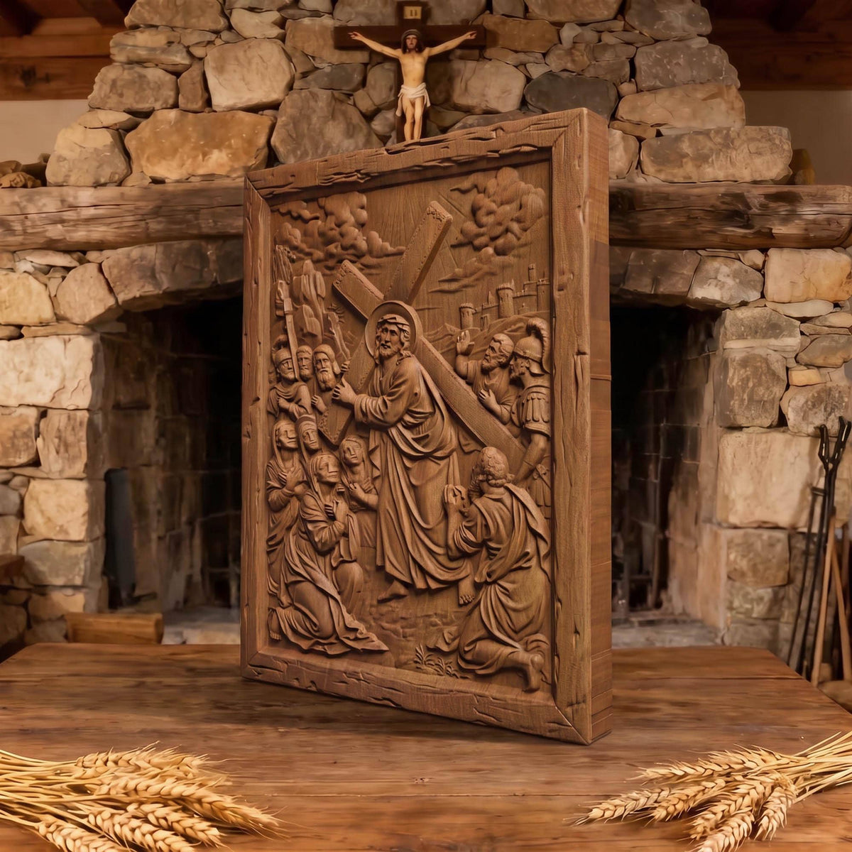 The Way to Mount Golgotha Wooden Carved Handmade Christian Icon  Byzantine Greek Orthodox Home Decor Cretan Holy Carvings