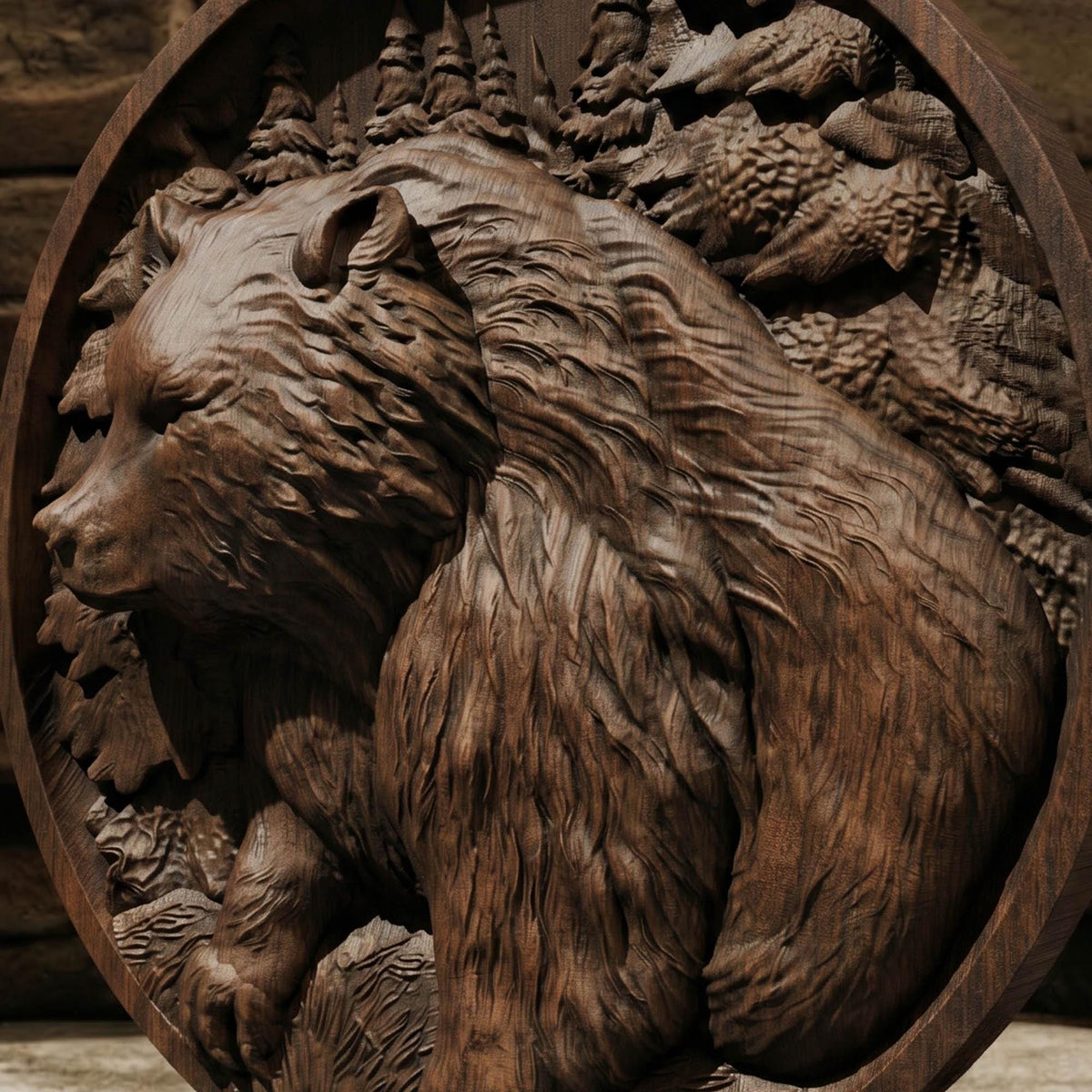 Bear in Plate Framed Bas Relief | Wooden Bear Carving | Sculptural Gift Idea