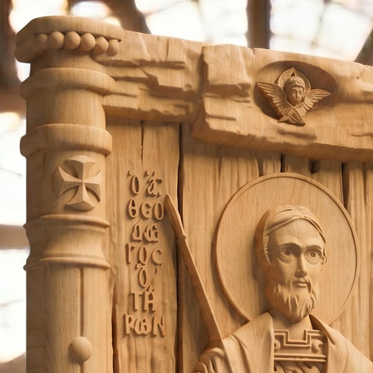 Saint Theodore Tyron Wooden Carved Handmade Christian Icon Left Side Natural Wood Color Cretan Holy Carvings