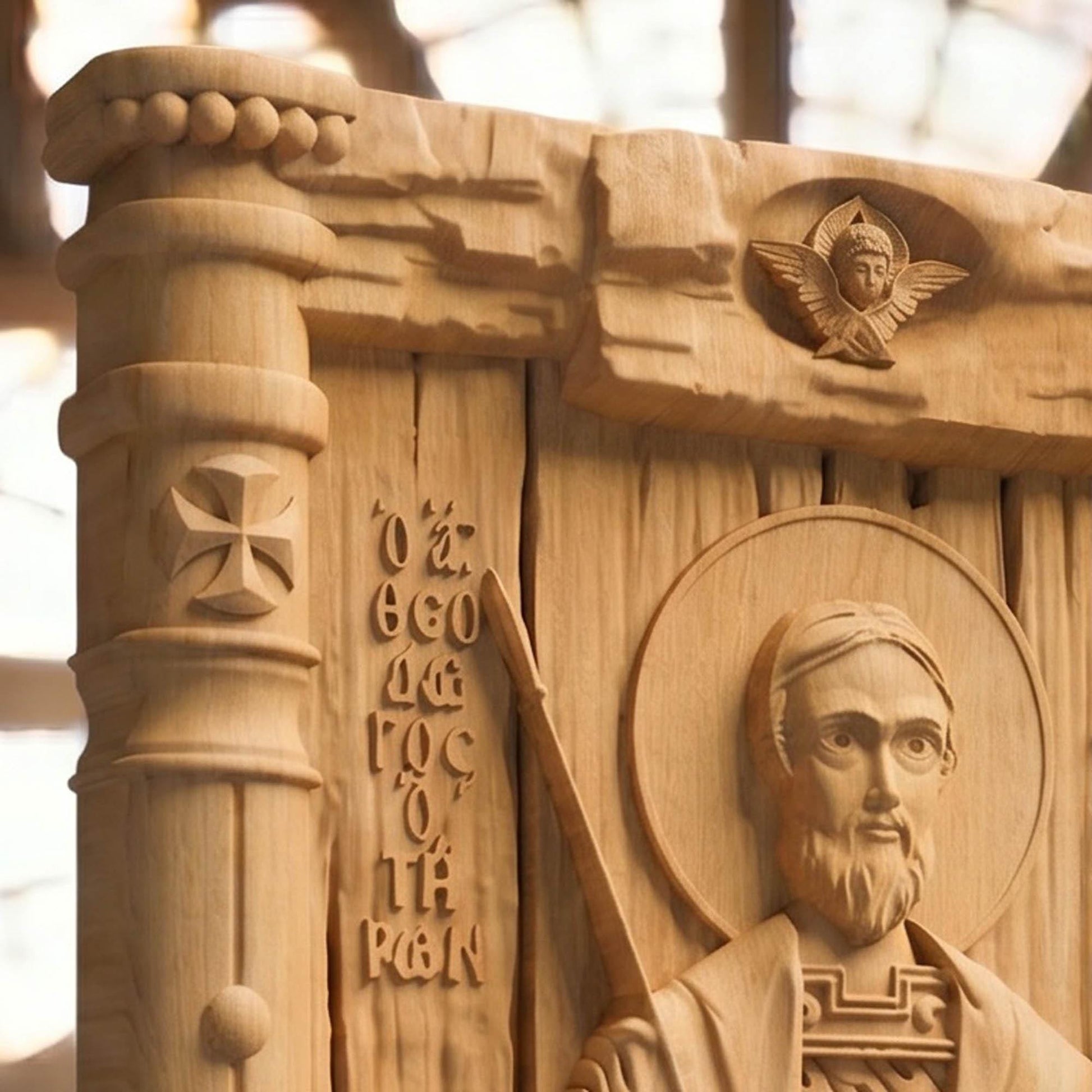 Saint Theodore Tyron Wooden Carved Handmade Christian Icon Left Side Natural Wood Color Cretan Holy Carvings