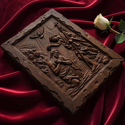 Saint John and the Baptism of Jesus Christ Wooden Carved Handmade Christian Icon  Byzantine Greek Orthodox Home Decor Cretan Holy Carvings
