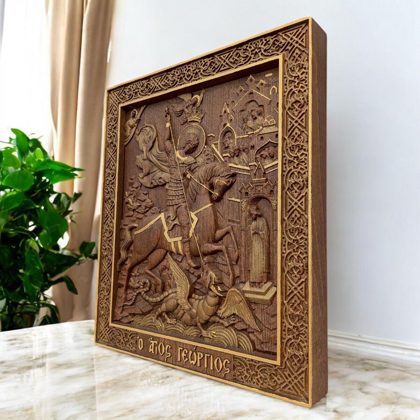 Saint George Wooden Carved Handmade Christian Icon. Byzantine Greek Orthodox Home Art Decor.