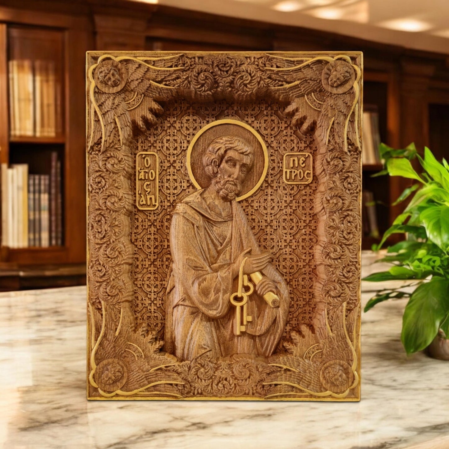 Saint Peter the Apostle Wooden Carved Handmade Christian Icon. Byzantine Greek Orthodox Home Art Decor.