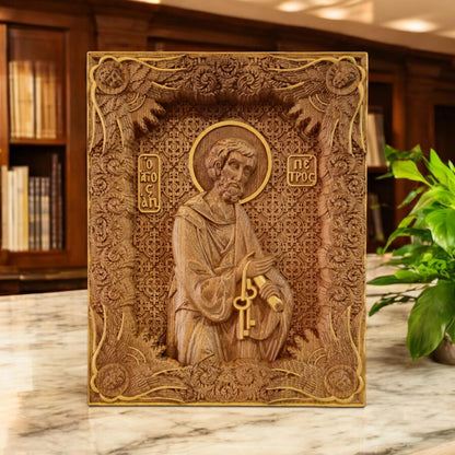 Saint Peter the Apostle Wooden Carved Handmade Christian Icon. Byzantine Greek Orthodox Home Art Decor.