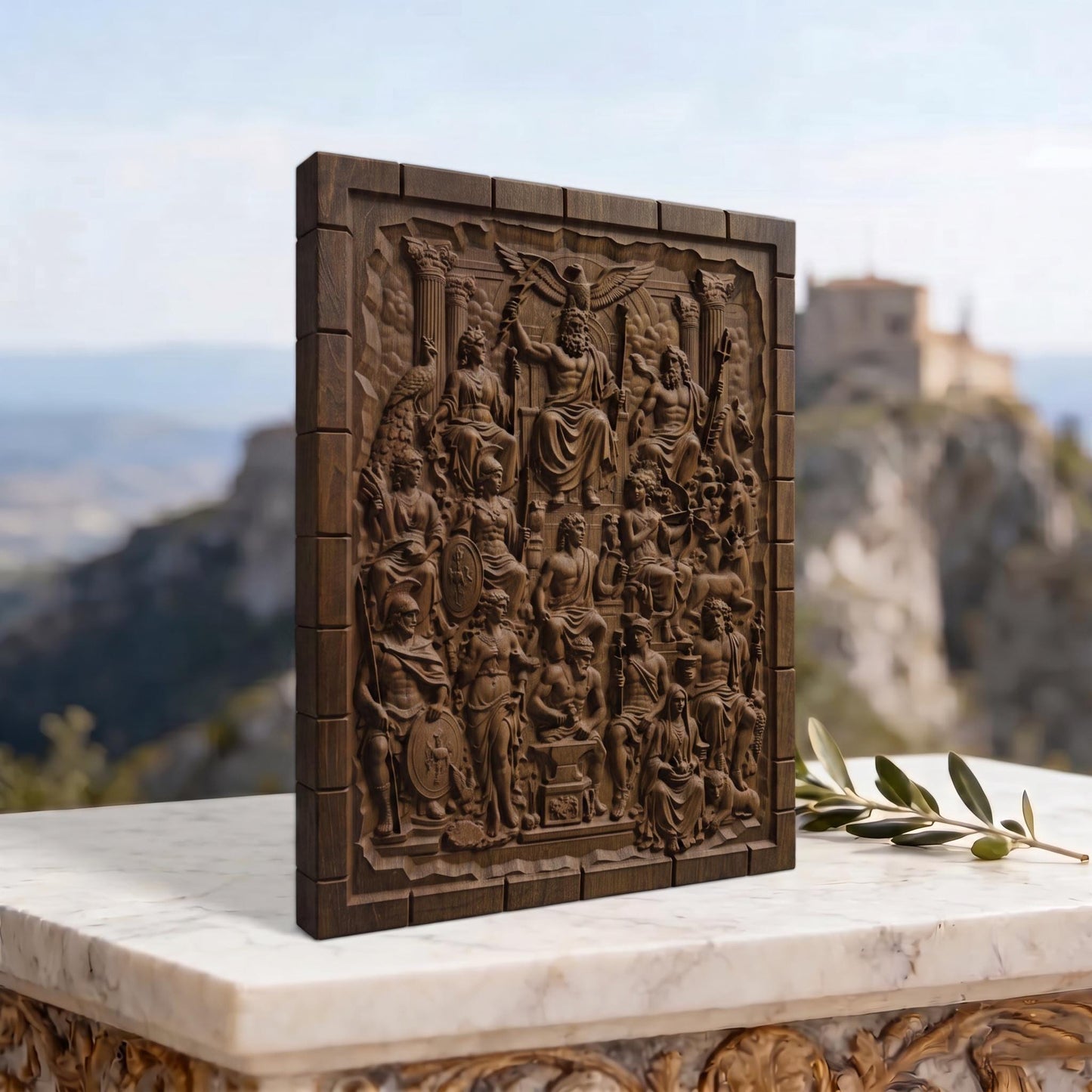 The Gathering of Olympian Gods 3D Wooden Bas Relief Panel Art Sculptural Gift Idea Cretan Holy Carvings