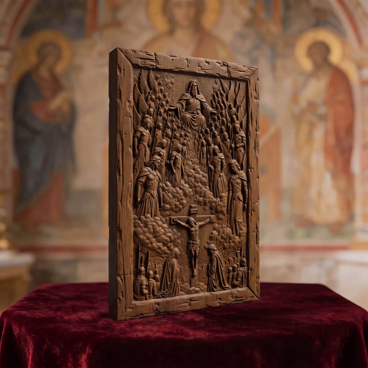 The Crucifixion Wooden Carved Handmade Christian Icon  Byzantine Greek Orthodox Home Decor Cretan Holy Carvings