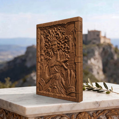 Medusa's Curse from Ancient Greek Mythology 3D Wooden Bas Relief Panel Art Sculptural Gift Idea Cretan Holy Carvings